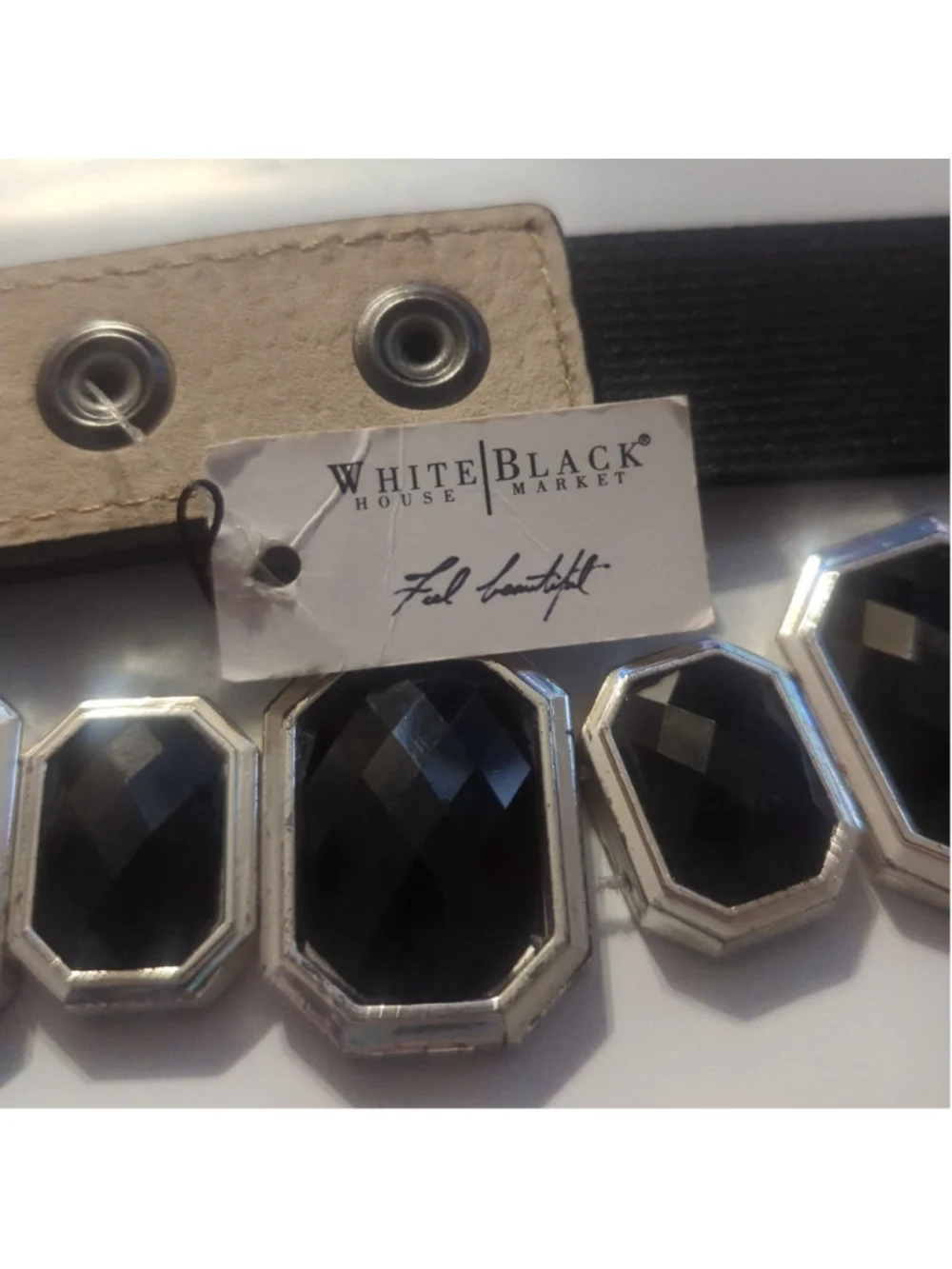 White House Black Market Silver Tone Black Rhinestone Embellished Stretch Belt